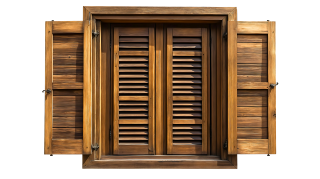 Traditional wooden window shutters with open louvers on white background