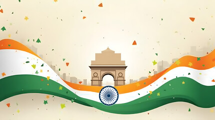 Obraz premium Republic Day illustration with India Gate and waving flag.