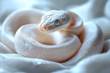 Obraz premium Stunning close-up of a beautifully coiled white snake showcasing smooth scales and mesmerizing blue eyes against a softly blurred background, perfect for wildlife enthusiasts and nature lovers.