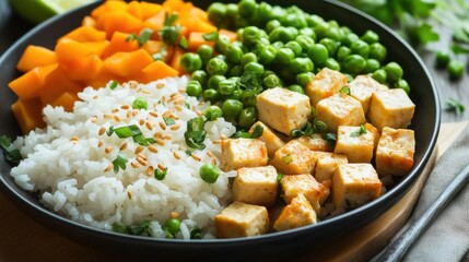 A close-up of a gluten-free vegan dinner, featuring rice, vegetables