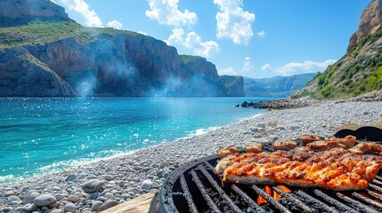 Beautiful beachside barbecue with grilled meat and stunning coastal scenery in a sunny landscape