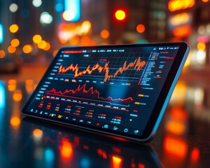 Sleek Tablet Displaying Stock Market App on Reflective Surface with Neon Financial Graphs