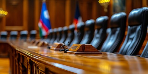 Elegant Council Chamber with Traditional Nameplates on Polished Wooden Table