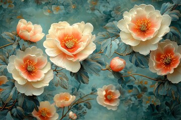 Delicate Floral Composition Featuring Soft Peach and Cream Peonies Against a Trending Aqua and Teal Background for Elegant Home Decor and Design
