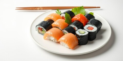 A beautifully arranged sushi platter on a clean white plate with strategically placed chopsticks, whitespace, side dish, food styling