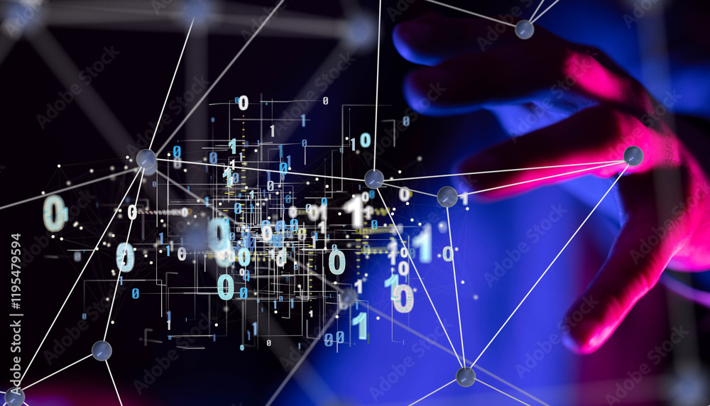 Poster Neural network 3D illustration. Big data and cybersecurity