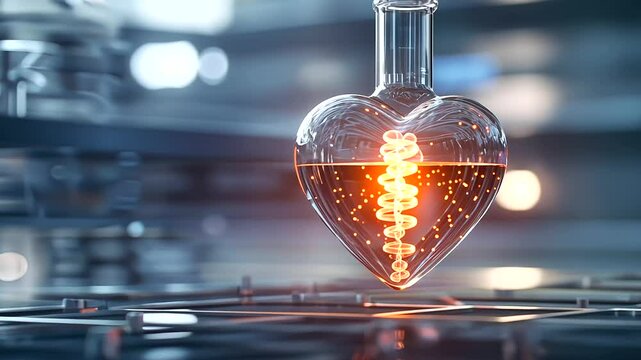 Glowing Heart Shaped Flask with Chemical Reactions in Laboratory