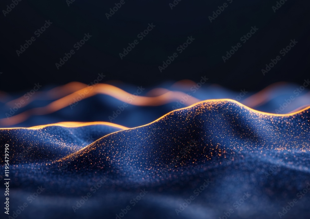 Poster Neon Glowing Blockchain Nodes Abstract Digital Landscape in Blue and Gold