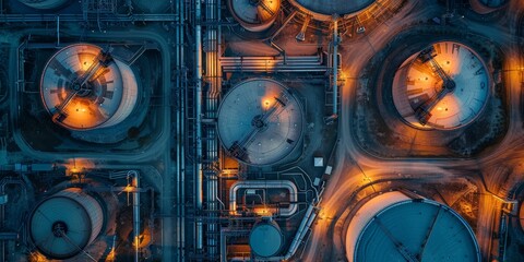Aerial view of industrial storage tanks illuminated at night.