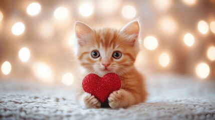 Cute orange kitten holding a heart-shaped decoration in a cozy setting with warm bokeh lights