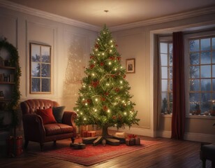 A beautifully lit Christmas tree in a cozy room with holly and mistletoe surrounding it, twinkling lights, warm ambiance, holly decor