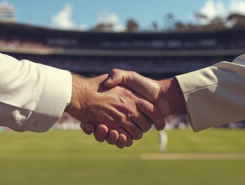 Intense Cricket Captains Handshake Before Match on Sunny Day