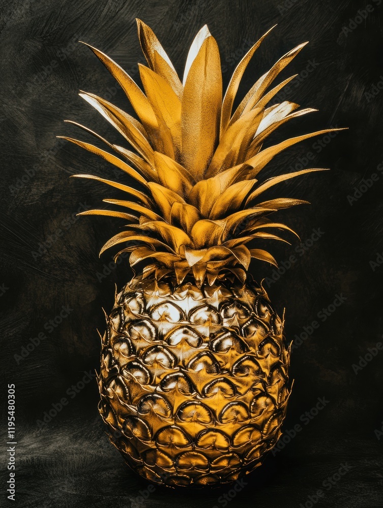 Poster luxurious golden pineapple with a striking texture against a dark backdrop. generative ai