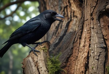 A black bird's strong beak gripping a tree trunk, nature, forest