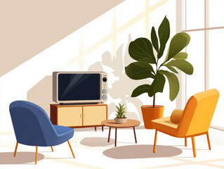cozy family room with retro TV, modern seating, and large plant. sunlight creates warm atmosphere, perfect for relaxation