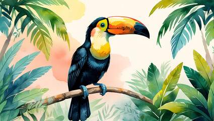 Watercolor illustration of toucan in the Brasil jungle sitting on a branch.
