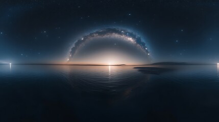 Celestial Sunset Over Tranquil Waters Milky Way Arch