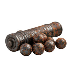 Rusty cannon and cannonballs representing historical military artillery.