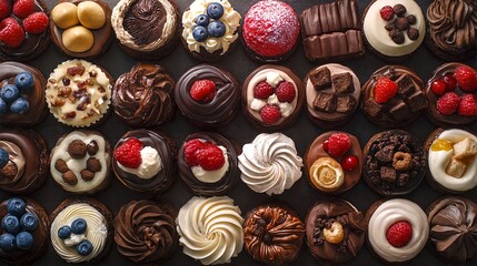 Fototapeta premium Assorted Mini Desserts with Chocolate and Fruit Toppings.