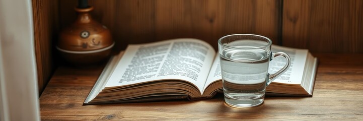 Obraz premium A cup of water placed next to a book in a cozy reading nook, indoor, calm atmosphere