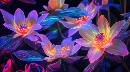 Obraz premium Neon Flowers in Full Bloom with Glowing Outline in a Dark Background