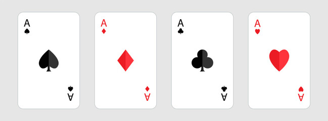 Playing card set. Four aces icon. Poker cards suits. Hearts, clubs, diamonds, spades ace shadow. Winning poker hand. Las Vegas Casino gambling concept. Flat design. White background. Isolated. Vector