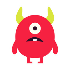 Cute red monster icon. Happy Halloween. Cartoon kawaii funny boo character. Colorful silhouette monsters. Funny sad face. Eyes, teeth, horns, hands. Flat design. Childish style White background Vector