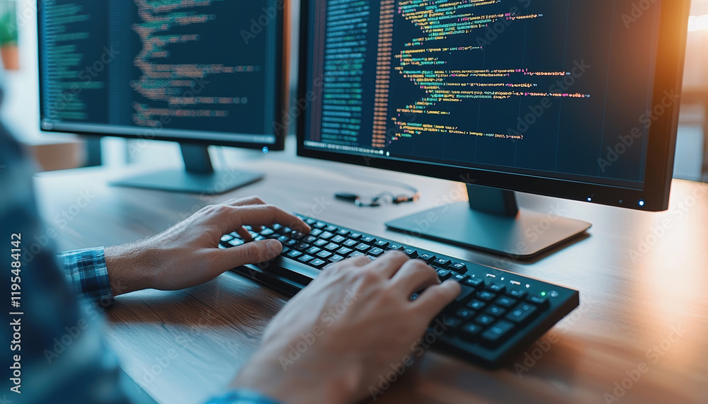 Poster close up of software developer hands typing on keyboard, with two monitors displaying colorful code.