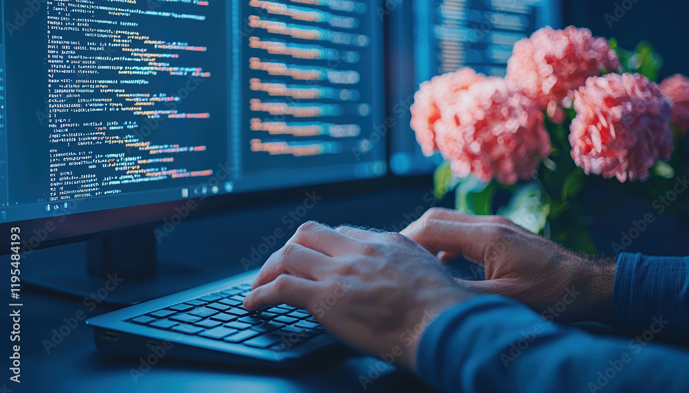 Poster close up of developer hands typing on keyboard, surrounded by colorful flowers and computer screens 