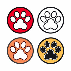 Four variations of a paw print icon, two outlined and two solid, with two of them incorporating a heart shape within the paw pad with white background