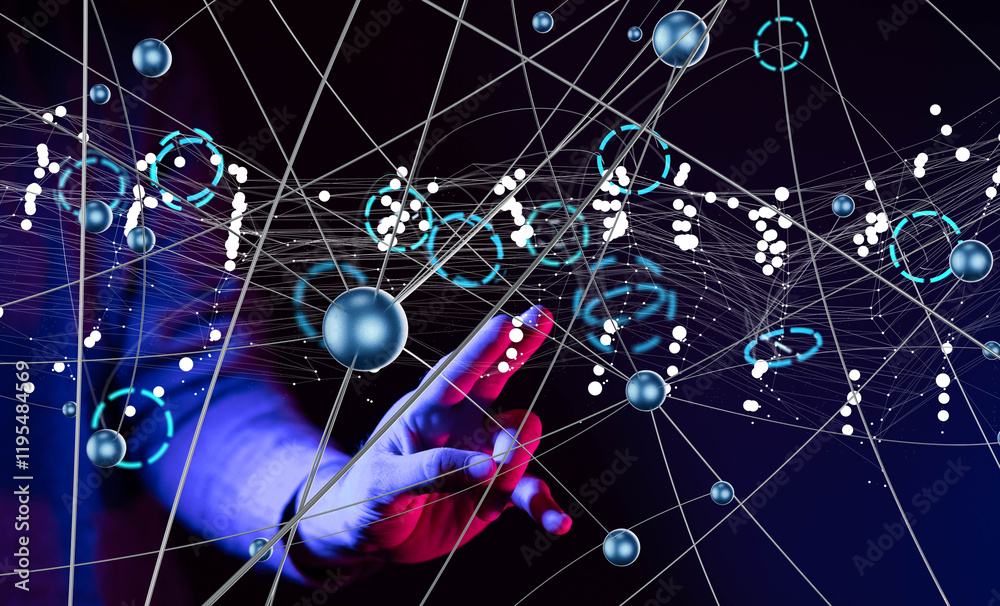Aufkleber Global network. Blockchain. 3D illustration. Neural networks and artificial intelligence. Abstract