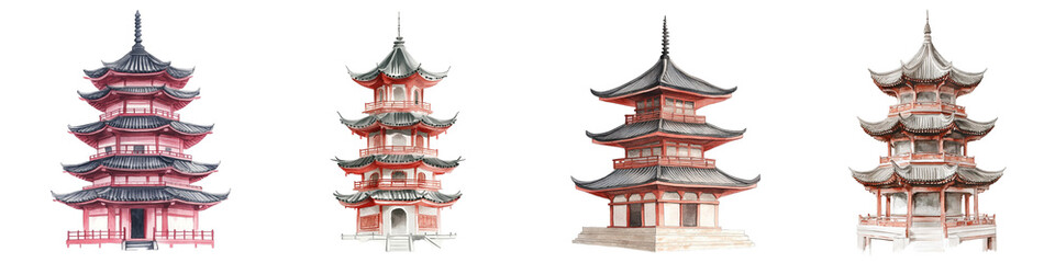 A series of ornate pagodas showcasing traditional architectural styles with tiered roofs and intricate details.
