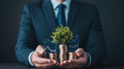 financial advisor presenting growing investment with coins and plant, symbolizing growth and prosperity. image conveys sense of trust and financial success