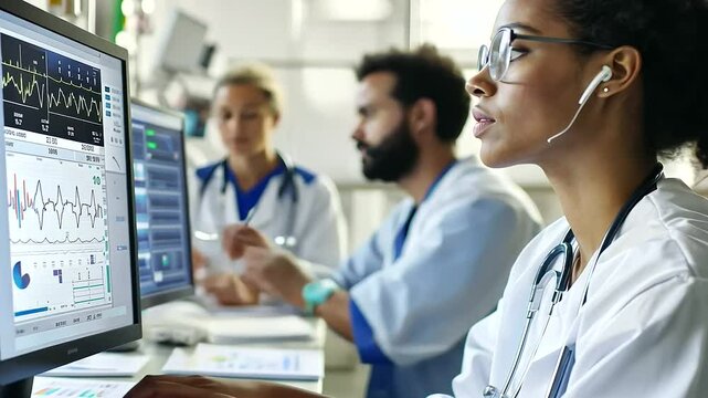 Healthcare Team Analyzing Data in High Tech Hospital Room