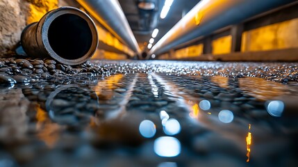 Glowing underground geothermal storage tunnel with reflective water or liquid flowing through the passage supporting the above ground infrastructure and energy distribution network