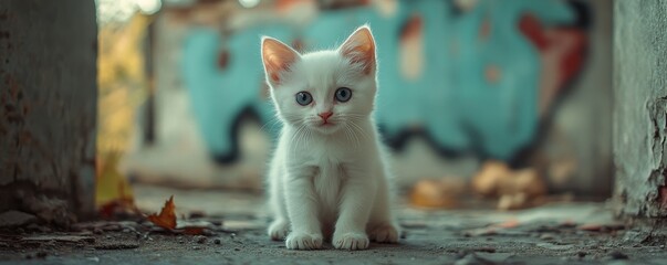 Curious white kitten in urban alley with graffiti background