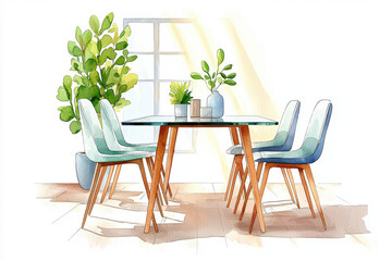 bright dining room featuring glass table and retro chairs, surrounded by plants, creates warm and inviting atmosphere