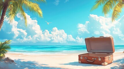 Open suitcase on a tropical beach under sunny blue sky with palm trees