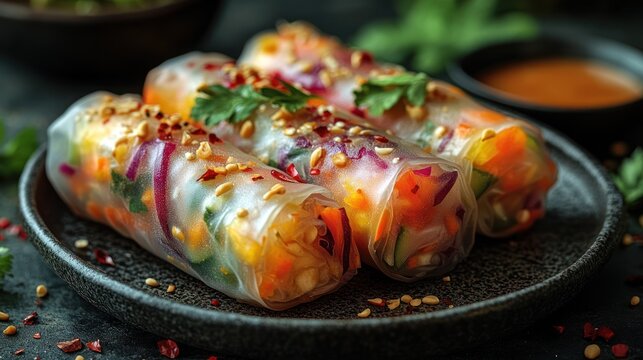 Freshly prepared vegetable spring rolls garnished with herbs and spices on a dark plate