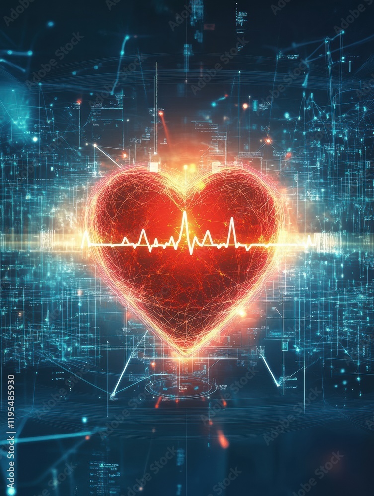 Poster glowing red heart featuring vibrant cardiogram symbolizing health and vitality in a digital landscap