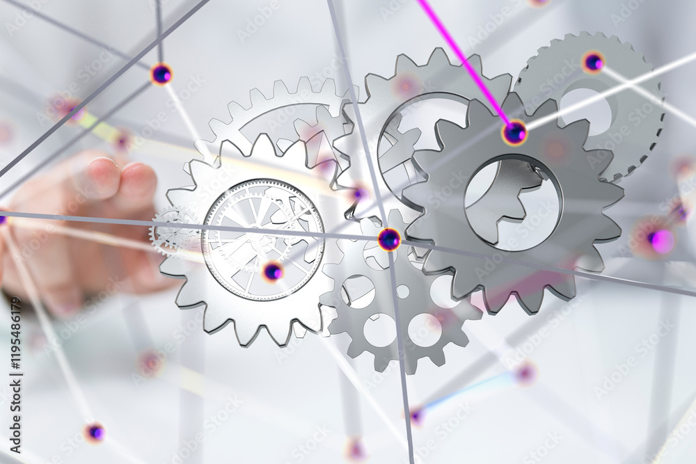 Poster gear system data. Connecting lines and dots.Big data visualization  - 3d