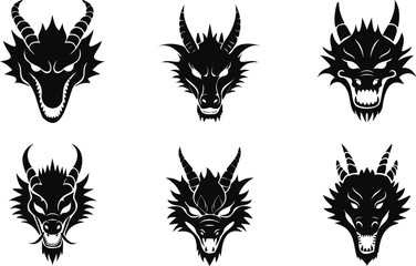 dragon head silhouette front view illustration, black and white suitable for icon logo decorative element