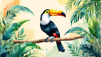 Toucan watercolor tropical bird in the jungle, modern illustration. 
