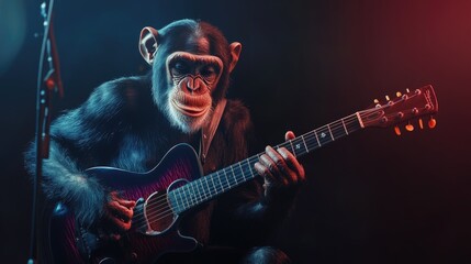 Chimpanzee playing electric guitar on stage with dramatic lighting