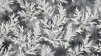 Monochrome botanical pattern with detailed fern leaves on dark background