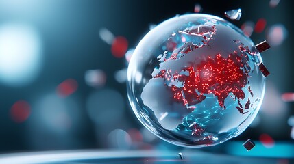 Holographic Globe Splitting into Data Shards Representing Technological Disruption and Innovation   Futuristic Concept of Global Digital Transformation Interconnectivity and Cyber Breaches