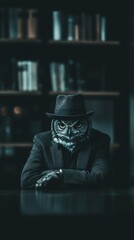 Owl dressed in suit hat sitting at table in dark room