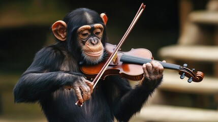 Chimpanzee playing violin in nature &ndash; animal musical expression concept