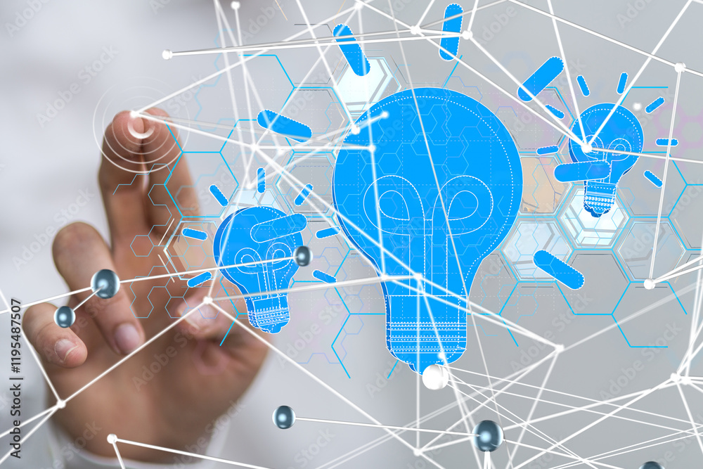 Poster Neural network 3D illustration. Big data and cybersecurity - connection