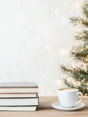 Cozy Winter Study Setup with Tablet, Books, and Coffee Under Soft Morning Light